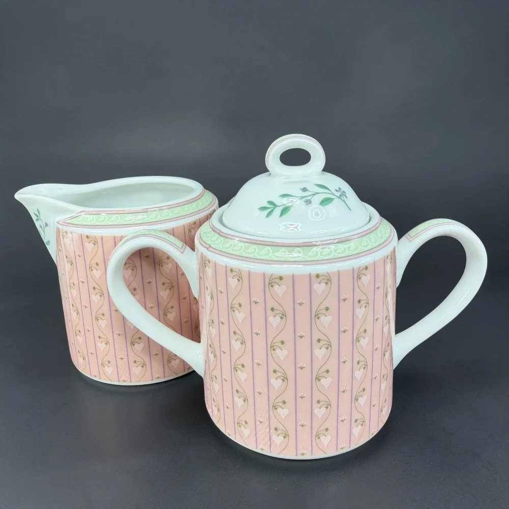 Lynn Hollyn Toscany Town Country Creamer Sugar‎ Bowl Set Pink Heart Stripe Japan